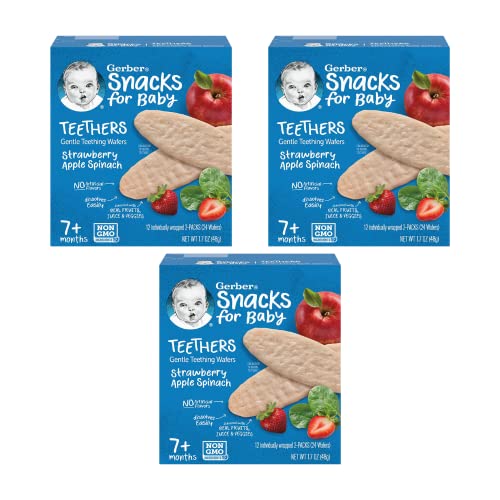 Gerber Snacks for Baby Teethers, Strawberry Apple Spinach, Gentle Teething Wafers, Non-GMO Ingredients, 12 Individually Wrapped 2-Packs/Box (Pack of 3 Boxes)