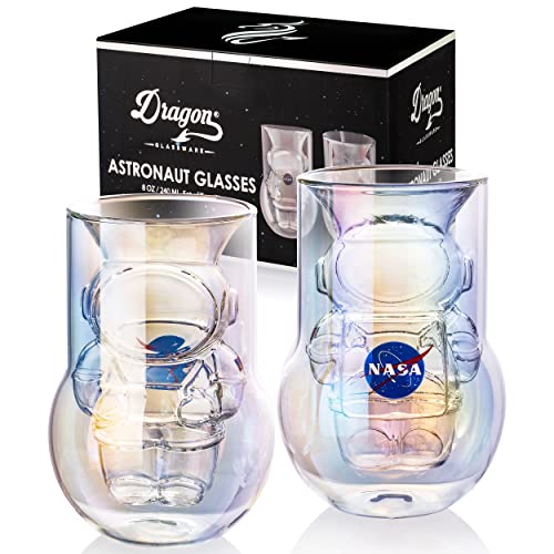 NASA Astronaut Glasses, Double Wall Iridescent Drinkware with NASA symbol and Artemis patch, Unique and Fun Gift for Space Enthusiasts, Keeps Drinks Cold Longer, 7 oz Capacity, Set of 2