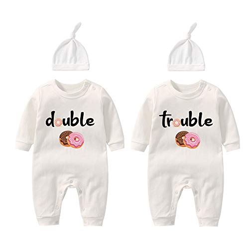 YSCULBUTOL Baby Twins Bodysuits Funny Double Trouble Cute Romper Twin Jumpsuits Hat SetDT White 12M