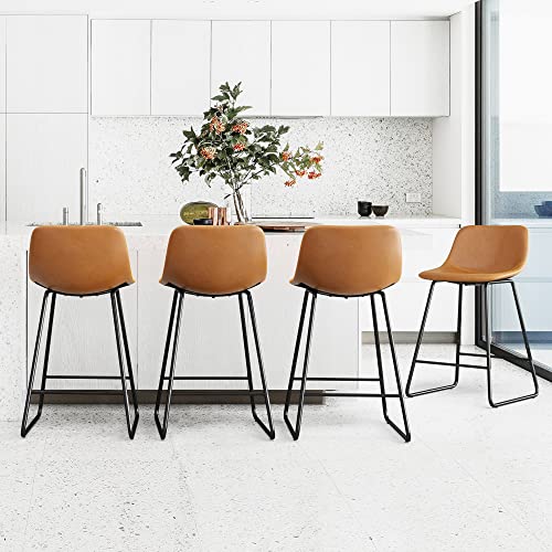 Alexander Indoor/Outdoor Industrial Faux Leather Bar Stools Set of 4,Urban Armless Dining Chairs With Metal Legs, Modern Counter Height Barstools For High Table Home office Kitchen Island Chair 24"