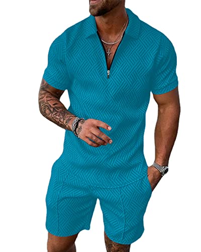 Aulemen Mens 2 Piece Zip Tracksuit Short Sleeve Print Polo Shirt and Shorts Sets Summer Outfits for Men Blue S