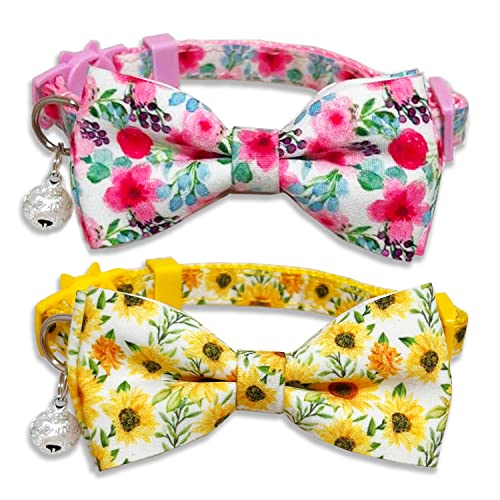 2 Pack Spring/Summer Cat Bowtie Collar with Bells, Holiday Safety Breakaway Buckle Kitty Kitten Collars, Assorted Pattern Availables (Adjustable Size from 7.8-12.8 inch) (Sunfloral/Pink Floral)