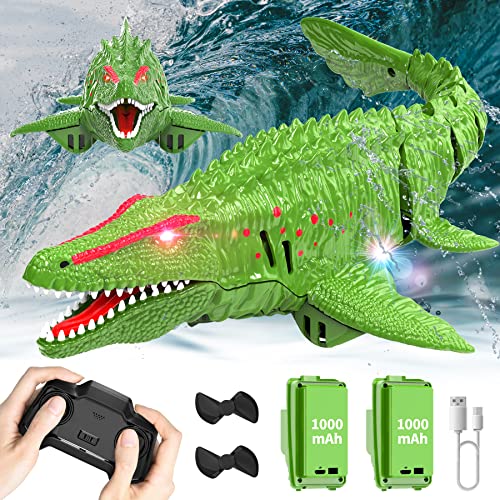 Haijon Remote Control Mosasaurus RC Boat Dinosaur, Fast Radio Remote Control Boats 2.4GHz with LED Lights for Seas, Pools & Lakes, Boat Toys Christmas and Birthday Dinosaurs Gift for Kids (Green)