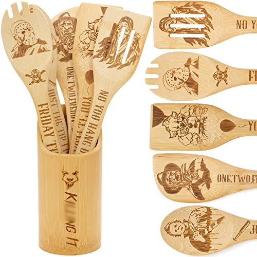 6Pcs Horror Movie Character Cooking Gift Set Wooden Spoons Utensils with Matching Holder - Halloween Movie Merchandise Laser Engraved Bamboo Spoons Set for Horror Movie Gifts, Horror Movie Party Decor