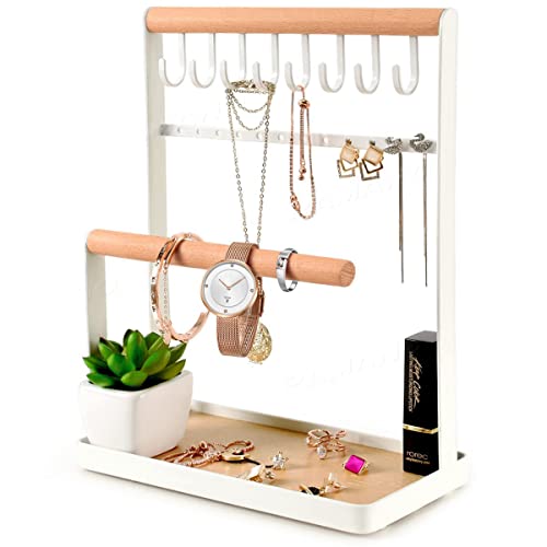 PAMANO Jewelry Organizer Necklace Stand Holder, 4-Tier Hanging Wooden Ring Earring Tray, 8 Hooks Necklaces Storage 12 Earring holes, Bracelets, Rings & Watches Display On Desk Tabletop - White