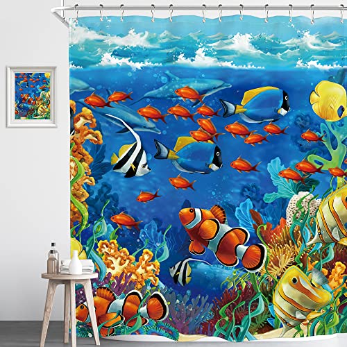 Homewelle Ocean Kids Fish Shower Curtain 72Wx72L Funny Tropical Under The Sea Underwater Colorful World Coral Blue Clown Fish Animal Boys Children Waterproof Polyester Fabric Bathroom Bathtub