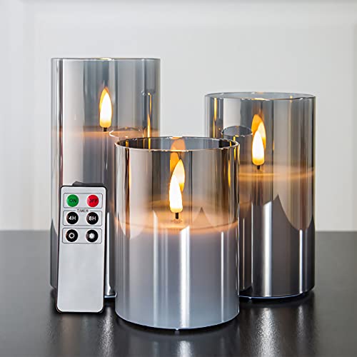 Eywamage Silver Grey Glass Flameless Candles with Remote, Flickering Battery LED Pillar Candles Real Wax Wick 3 Pack  3" H 4" 5" 6"