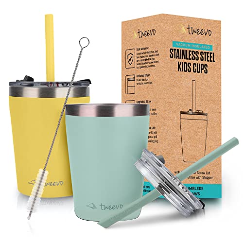 Tweevo Kids Tumblers with Spill-Proof Screw Lids - Tumbler, 8.5 oz. Stainless Steel Cups With Straws and & Straw Brush Adorable Spill Proof for 2 Pack
