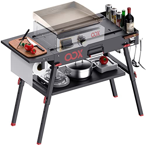OOX Portable Grill Table with Double-Shelf for Outdoor Prep, Grill Stand Fits Blackstone Griddle 17 Inch 22 Inch, Tabletop Propane Gas Grill, Camping BBQ Cooking Tailgating, Stainless Steel, Black