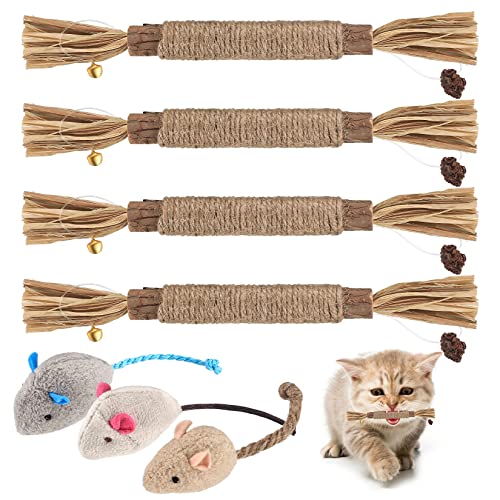 JmhNewhope 4 Pcs Catnip Toys for Indoor Cats,Cat Chew Toy for Kitten Teething,silvervine Sticks for Cats,Cleaning Teeth, Relieve Cat Anxiety,with 3 x Cat Mouse Toys