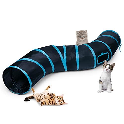 Sheldamy Cat Tunnel, S-2-Way Cat Tunnels for Indoor Cats, Collapsible Cat Play Tunnel, Interactive Toy Maze Cat House with 1 Play Ball for Cats, Puppy, Kitty, Kitten, Rabbit (Blue & Black)
