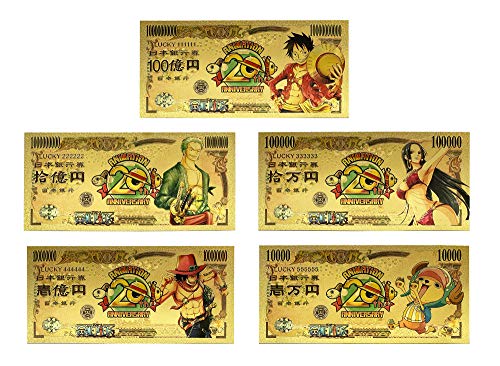 YJacuing Anime One Piece Gold Coated Banknote, Limited Edition Collectible Bill Bookmark (5 PCS, 20th Anniversary Collection)