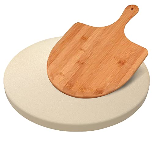 AUGOSTA Round Pizza Stone for Oven and Grill, Free Pizza Peel Paddle, Durable and Safe Baking Stone for Grill, Thermal Shock Resistant Cooking Stone, 13 Inch