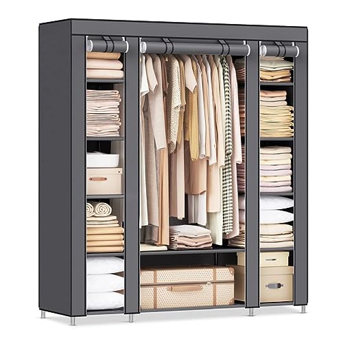 SONGMICS Closet Wardrobe, Portable Closet for Bedroom, Clothes Rail with Non-Woven Fabric Cover, Clothes Storage Organizer, 59 x 17.7 x 69 Inches, 12 Compartments, Gray ULSF03G