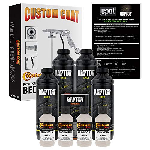 U-POL Raptor GM White Urethane Spray-On Truck Bed Liner Kit with Custom Coat Spray Gun with Regulator, 4 Liters