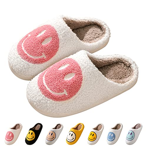 BUNYISCN Smiley Face Slippers for Women, Smiley Slippers Soft Plush Slippers for Women Retro Happy Face Slippers Cozy Indoor Outdoor Slippers Lightweight Anti-Slip