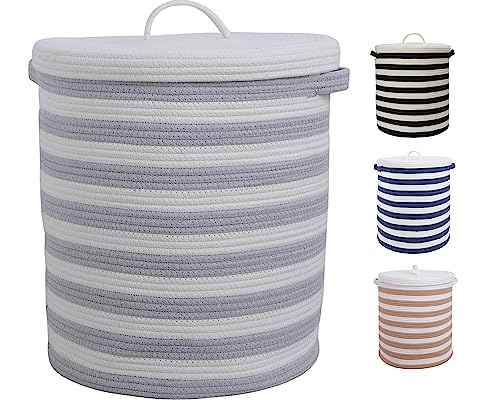 Extra Large 17" x 16" Cotton Rope Blanket Basket with Lid. Toy Storage, Clothes Hamper & Laundry Basket, Woven Baskets for Nursery Decor, Clothes Hamper and Baskets for Organizing, Gray and White