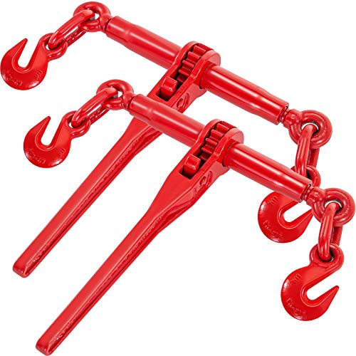 VEVOR Chain Binder 3/8in x 1/2in, Ratchet Load Binder 9215lbs Capacity, Ratchet Lever Binder w/ G70 Hooks, Adjustable Length, Ratchet Chain Binder for Tie Down, Hauling, Towing, 2 Packs in Red