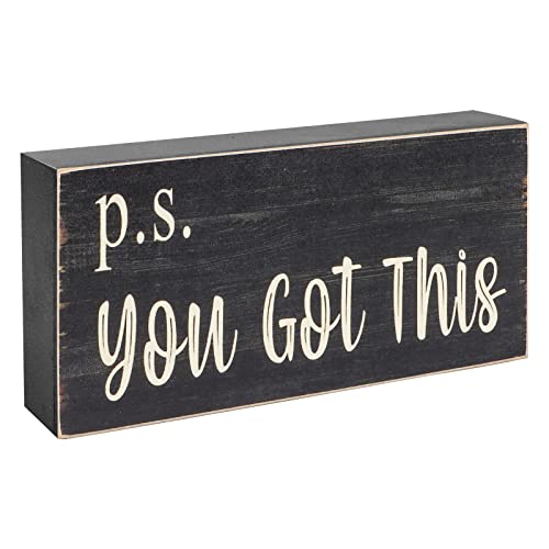 Esur Motivational Home Office Desk Black Decor - Farmhouse Wooden Box Sign Gift for Women - P.S. You Got This