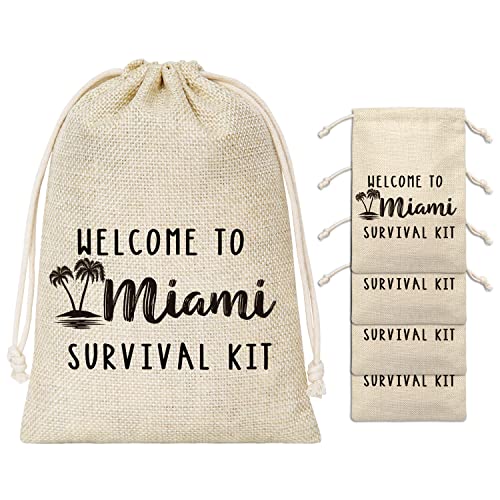 Hangover Gift Bags - Welcome To Miami Survival Kit - Cotton Gift Bag For Hangover Party, Bachelorette Party, Bridal Shower, Engagement Party, Wedding - Recovery Kit for Party - Bride Survival Kit Bags - 5 Pcs per Pack(A32)