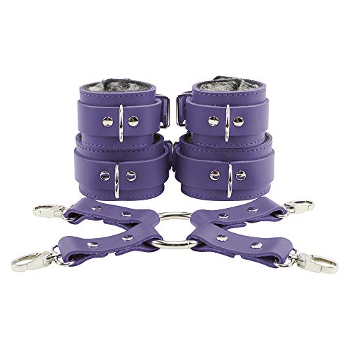 Amelia Wrist Cuffs Ankle Cuffs Combo Leather Connector Set Real Leather Chinchilla Fur (True Purple)