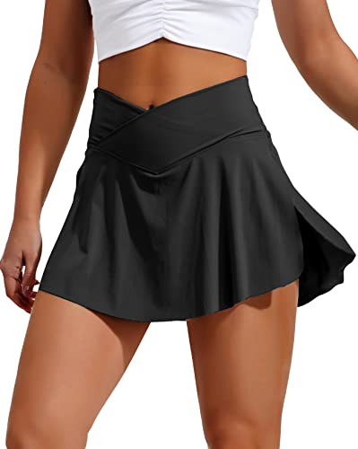YOFIT Women's Pockets Crossover High Waisted Athletic Golf Tennis Skirt, 1-black, Large