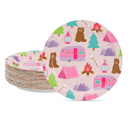 BLUE PANDA 48 Pack Pink Camping Paper Plates for Girls One Happy Camper Birthday Party Supplies (7 In)