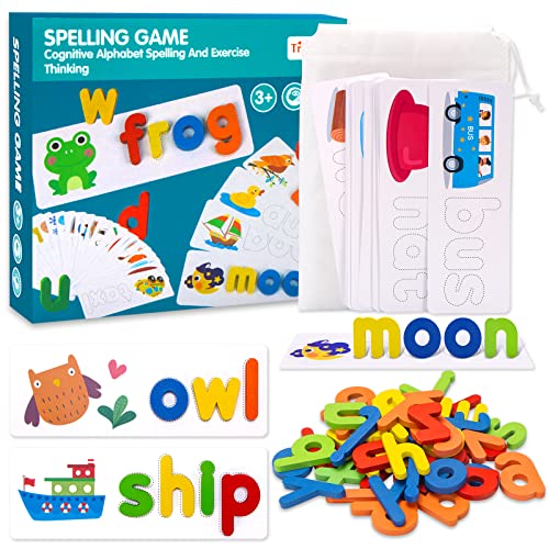 CVC Word Games for Kindergarten, 80Pcs Educational Toys for 3 4 5 6 Year Old, See and Spell Learning Toy, Two-Sided Spelling Games, Kids Learning Toys Ages 3-6 Alphabet Learning for Beginner