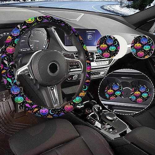 Halloween Scary Pumpkin Steering Wheel Cover for Women Men with 2 Pcs Car Coasters, Universal 14.5-15 Inch Rainbow Steering Wheel Covers Non-Slip Car Accessories for Girls