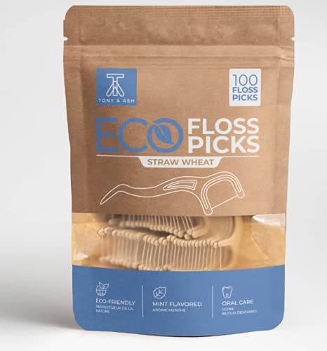 100 Mint Flavored Floss Picks | BPA Free, Eco-Friendly for Adults and Kids | Very Durable Sustainable Straw Wheat (100 Count, Mint)
