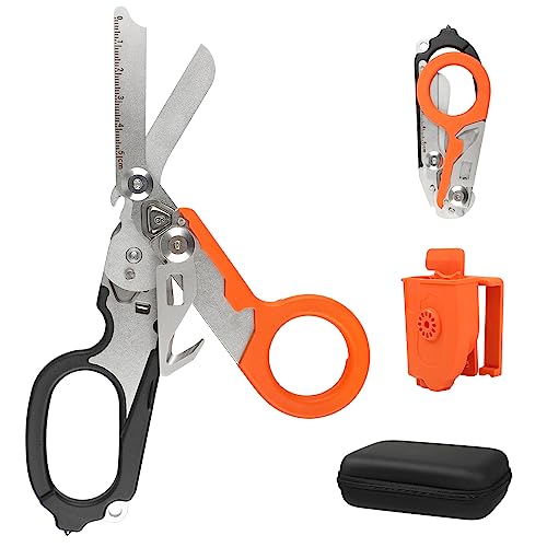 TLNMA Raptor Trauma Shears Foldable, 6-in-1 Raptor Shears Folding Multi-Tool Scissors with Holster, Strap Cutter and Glass Breaker (Black Orange)