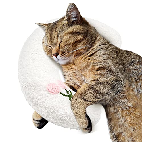 ucho Pillow for Cats, Ultra Soft Fluffy Pet Calming Toy Half Donut Cuddler, U-Shaped Pillow for Pet Cervical Protection Sleeping Improve - White