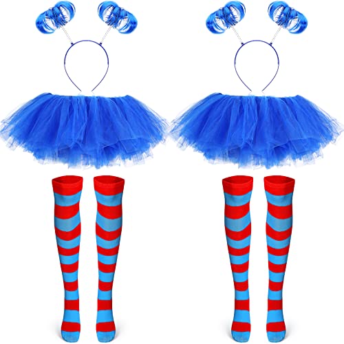 Janmercy 2 Tulle Tutu Costume Set 2 Tulle Tutus Skirts 2 Headband Ponytails 2 Long Knee Thigh High Striped Sock (Royal Blue)