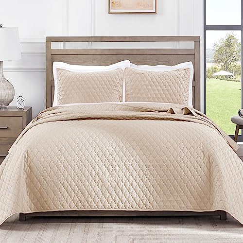 Exclusivo Mezcla Ultrasonic 3 Piece Full Queen Size Quilt Set with Pillow Shams, Lightweight Bed Cover Soft Bedspreads Coverlet Set - (Beige, 90"x96")