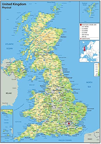Physical United Kingdom Poster Map - 16.5 x 23.3 inches - Paper Laminated