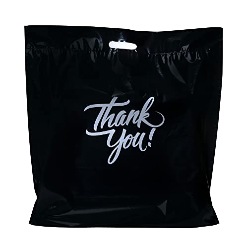 Infinite Pack Black 12"x15"(100pcs) Thank You Merchandise Bags, Die Cut Handles, Retail Shopping Bags for Boutique, Goodie Bags, Gift Bags Bulk, Favors, 2.35 Mil Reusable Plastic Bags