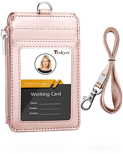 Teskyer Badge Holder with Side Zip Pocket, Multiple Card Slots Leather ID Holder Wallet with Neck Lanyard for Office Staffs, Teachers/Students, Couriers, Workers, Rose Gold