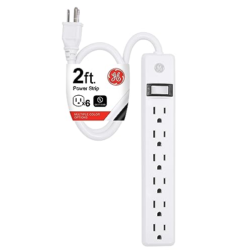 GE 6-Outlet Power Strip, 2 Ft Extension Cord, Heavy Duty Plug, Grounded, Integrated Circuit Breaker, 3-Prong, Wall Mount, UL Listed, White, 14830