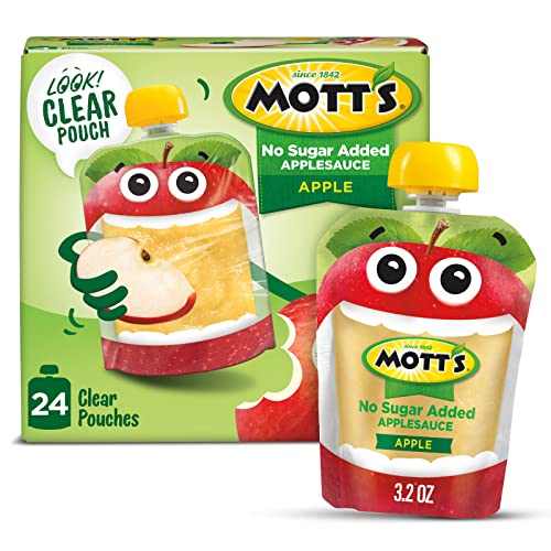 Mott's No Sugar Added Applesauce, 3.2 Ounce Clear Pouch, 4 Count (Pack of 6), Perfect for on-the-go, No Added Sugars or Sweeteners, Gluten Free and Vegan