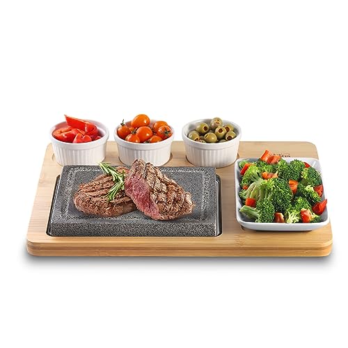 Artestia Lava Hot Steak Stones Complete Set, Double Hot Stone Tabletop Grilling Platter for Steak, with Bamboo Tray, Sizzling Stones for Meat, BBQ Japanese Grill Indoor