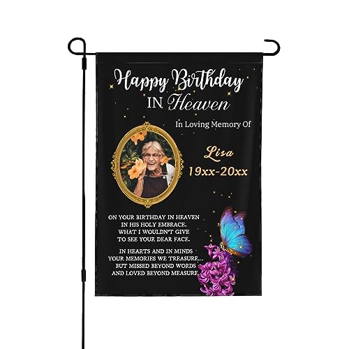 Personalized In Loving Memory Flag with Photo Name Date Custom Funeral Sign Sympathy Banner Customizable Happy Birthday in Heaven Flag Yard Home Cemetery Decor for Grave 12.5" x 18"