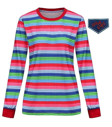 Tuoweey Halloween Chucky Costume for Women Casual Long Sleeve Shirt Tops Horror Rainbow Striped Tee(B,Large)