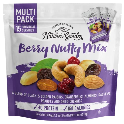 Nature's Garden Berry Nutty Mix  Deluxe Mixed Nuts, Dried Fruit Mix, Cranberry Mix, Peanuts, Almonds, Cashews, Sodium Free, Cholesterol Free, No Artificial Ingredients  1.2 Oz Bags (15 Individual Servings)