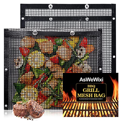 2 PCS BBQ Mesh Grill Bags for Outdoor Grill Reusable, 12 x 9.5 Inch Barbecue Bags Non-Stick for Open Smokers, BBQ Veggie Grill Bags for Cooking Vegetables Grilling Bag Pouches with Snap Button