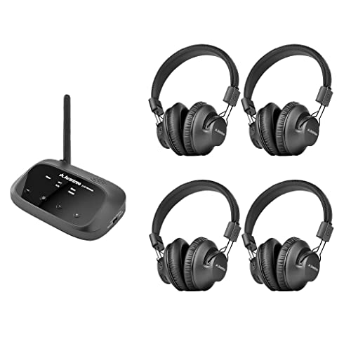 Avantree Quartet - Silent Disco Headphones System, Multiple Wireless Headphones with One Transmitter, 4 Pack Up to 100PCS, HD Sound No Lag for TV Watching, Outdoor Movie, Hearing Assist in Church