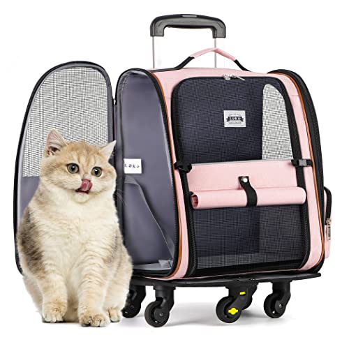 Lekebobor Wheeled Pet Carrier Backpack Pet Rolling Carrier Backpack for Small Dogs Medium Cats Fit up 18lbs, Pet Carrier Backpack with Removable Wheels,Airline Approved Puppies Backpack,Pink
