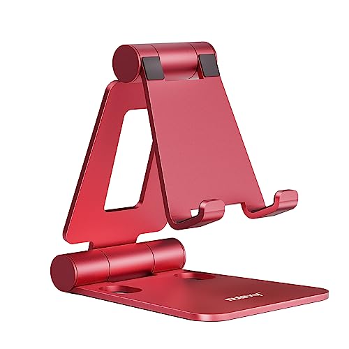 Nulaxy Dual Folding Cell Phone Stand, Fully Adjustable Foldable Desktop Phone Holder Cradle Dock Compatible with Phone 14 13 12 11 Pro Xs Xs Max Xr X 10, Nintendo Switch, All Phones,Red