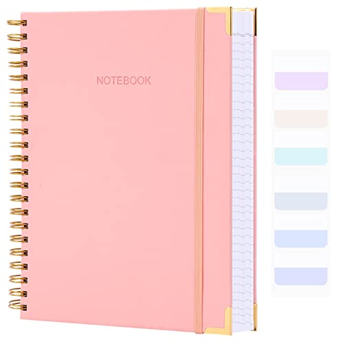 Amanple Spiral Notebook, College Ruled Notebook Journal, 7 x 10, 300 Pages Leather Writing Journal for Women Men, B5 Hardcover Notebook for Work School, 24pcs Index Tabs, Pink