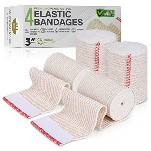 Premium Elastic Bandage Wrap (3" Wide, 4 Pack) - Made of USA Grown Organic Cotton - Hook & Loop Fastener at Both Ends - GT Latex Free Hypoallergenic Compression Roll for Sprains & Injuries