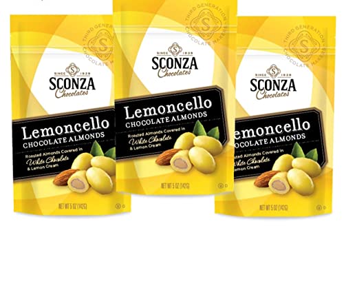 Sconza Lemoncello Lemon Cream & White Chocolate Almonds | Inspired by Italy's Lemon Groves | Made in the USA | Pack of 3 (5 Ounce Each)